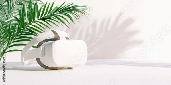 Fototapeta Virtual reality headset resting beside a green tropical leaf casting a shadow. Modern technology and nature connection