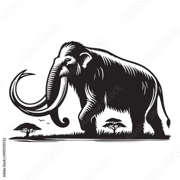 Obraz Black Color Mastodon Silhouette Vector Illustration, Solid White Background. minimal vector design
