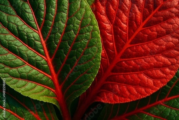 Fototapeta Vibrant Green and Red Veined Leaves in Close-Up Detail Natural Botanical Pattern