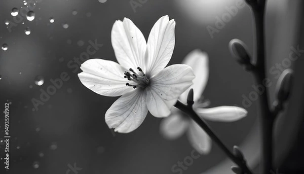 Fototapeta Close-Up of Delicate White Flower with Water Droplets in Black and White Photography