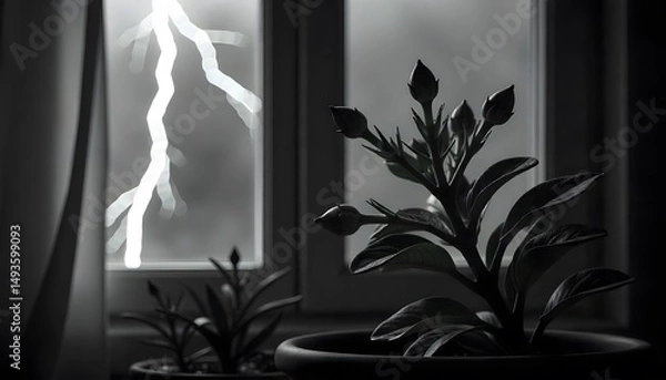 Fototapeta Monochrome Plant Silhouette Against Window with Lightning Strike in the Background