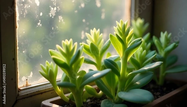 Fototapeta Succulent Plant in Sunlight Near Window with Dust Particles on the Glass Surface