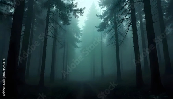 Fototapeta Misty Forest of Evergreen Trees Dark and Atmospheric Woodland Scene in Foggy Weather