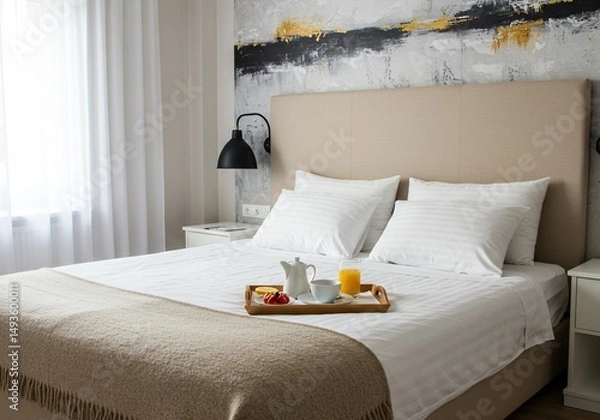 Fototapeta Inviting Hotel Room Morning: Breakfast in Bed with Fresh Juice & Coffee, Cozy Linens, Relaxing Vacation Getaway, Travel & Hospitality Scene
