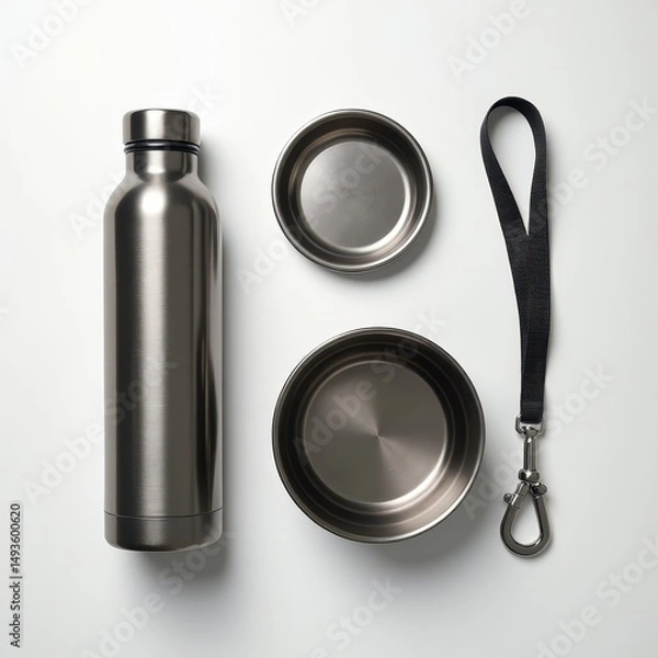 Fototapeta A set of dog travel accessories, including a portable water bottle, travel bowl, and leash. Generative AI