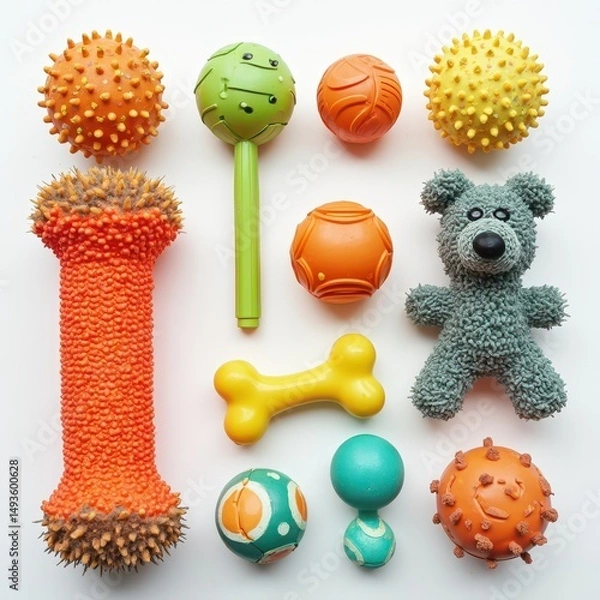Fototapeta A collection of dog toys, including rubber balls, squeaky toys, and plushies. Generative AI