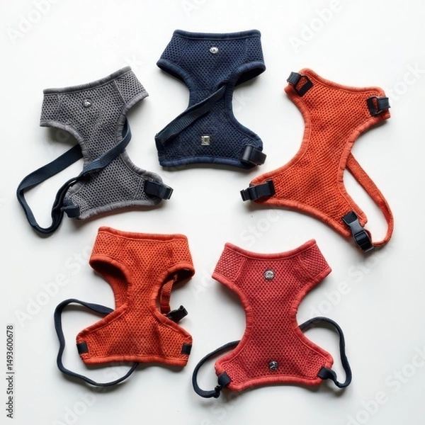 Fototapeta A selection of dog harnesses in different styles and colors, including mesh and padded varieties. Generative AI