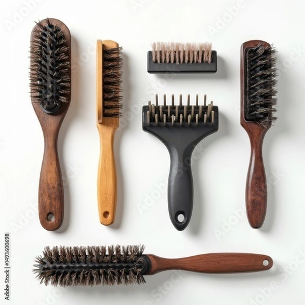 Fototapeta A set of dog brushes, including de-shedding brushes, bristle brushes, and rubber curry brushes. Generative AI