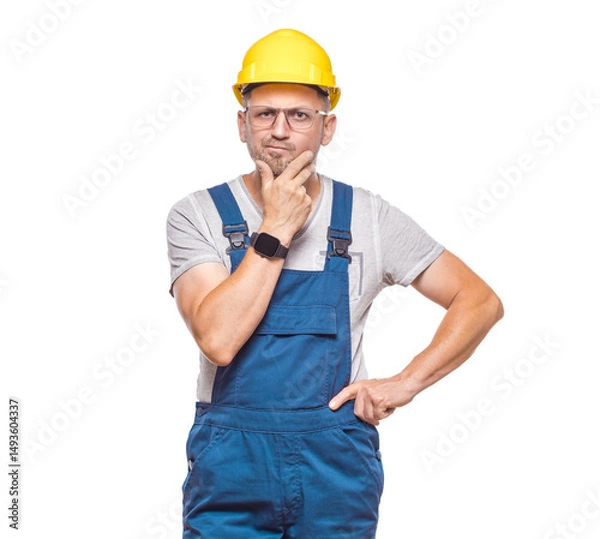 Fototapeta Strict construction worker with hand on chin looking at angry face expression, isolated on white background. Jealous construction worker with doubt expression. Craftsman against white wall