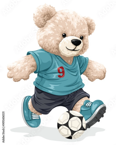 Fototapeta Cute teddy bear in soccer uniform kicking ball