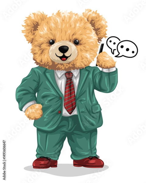 Fototapeta Teddy bear in suit holding phone with chat
