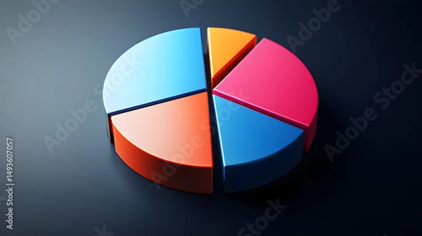 Fototapeta 3D pie chart with five colorful segments on dark blue backgro