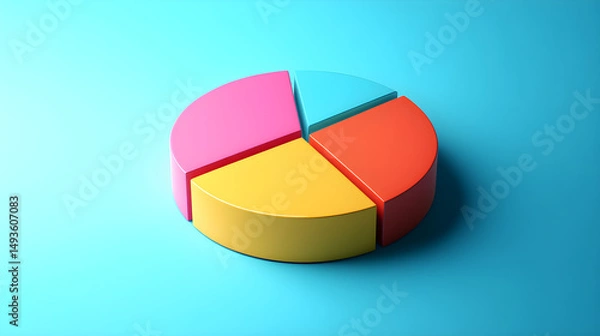 Fototapeta 3D pie chart with four colorful segments on bright blue background