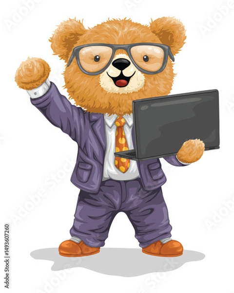 Fototapeta Smart teddy bear in glasses using laptop computer