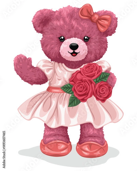 Fototapeta Pink teddy bear in dress holding red roses