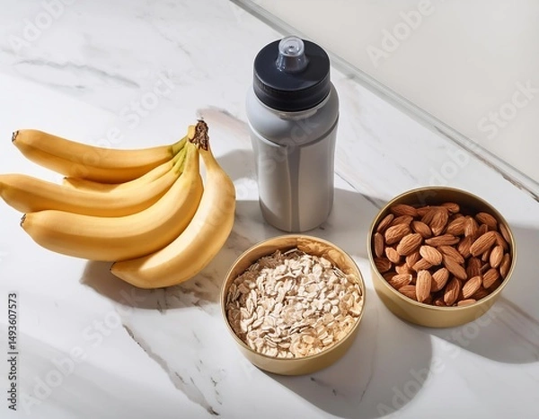 Obraz Healthy pre workout snacks with bananas, almonds, oats and water bottle on marble surface