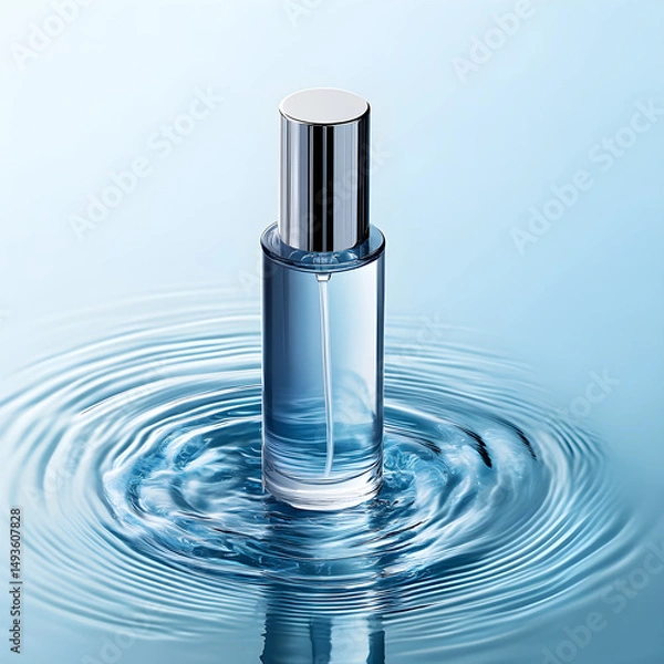 Fototapeta Minimalist cosmetic spray bottle with silver cap floating on calm water with ripples