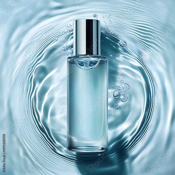 Fototapeta Skincare bottle with silver cap floating on water with soft ripples and air bubbles