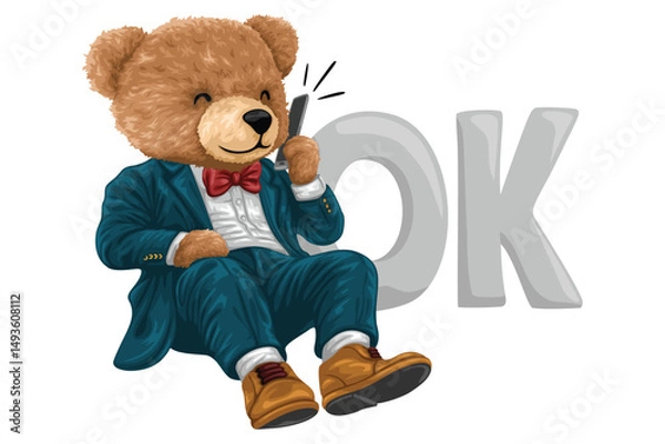 Fototapeta Business teddy bear smiling and calling with phone