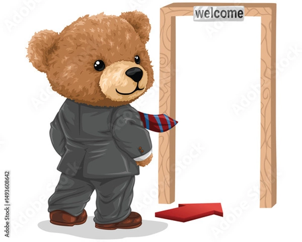Fototapeta Teddy bear in suit standing near welcome frame