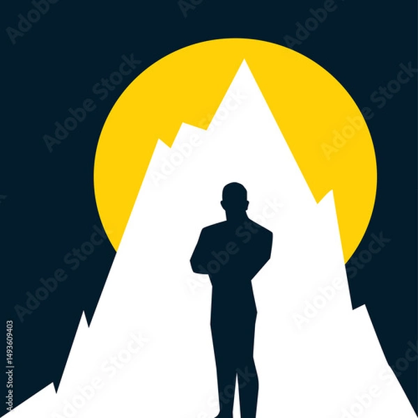 Fototapeta Silhouette of a man against a mountain and sun in honor of Father's Day
