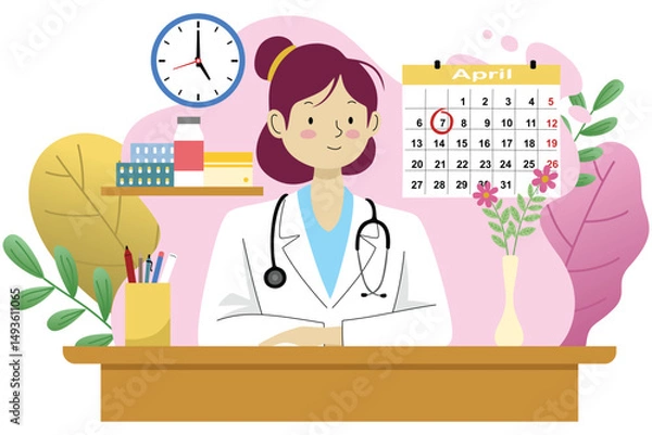 Fototapeta Smiling female doctor with calendar and clock  
