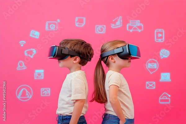Fototapeta Toddler boy and girl back to back using VR headsets with holographic icons on pink background