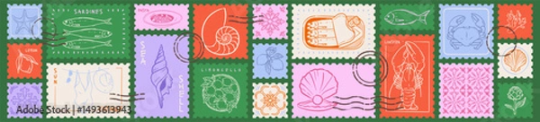 Obraz Vintage Italian Summer Stamps. Mediterranean illustration of sardines, lobster, crab, lemon, sea shells, tile. Hand drawn print element design. Amalfi vacation retro drawing stickers for collage.