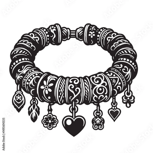 Fototapeta Black Color Charm Bracelet Silhouette Vector Illustration, Solid White Background. minimal vector design
