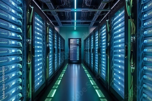 Fototapeta A long server room aisle with glowing blue lights and many server racks visible