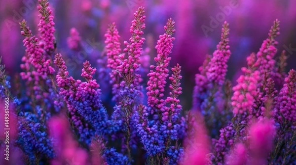Obraz Purple and pink heather flowers are blooming in the heather fields of Veluwe Zuiderheide park in the Netherlands.
