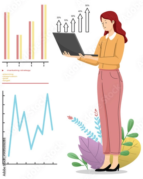 Fototapeta Businesswoman analyzing data and charts with laptop  
