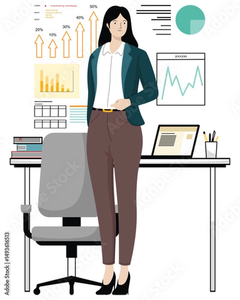 Fototapeta Businesswoman with Data Charts and Reports  

