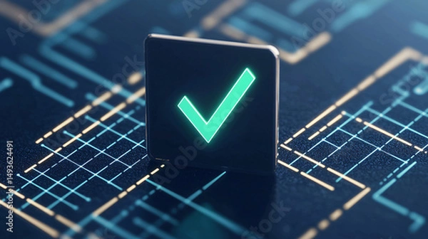 Obraz green check mark on a to do checklist. Digital checkmark on a circuit board background.