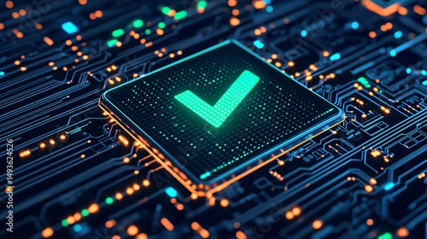 Obraz green check mark on a to do checklist. Digital circuit board with a glowing checkmark icon.