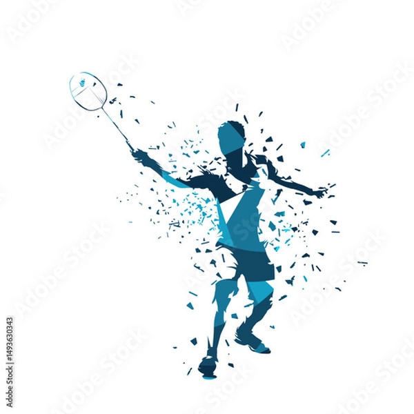 Fototapeta Badminton player, abstract blue isolated vector silhouette