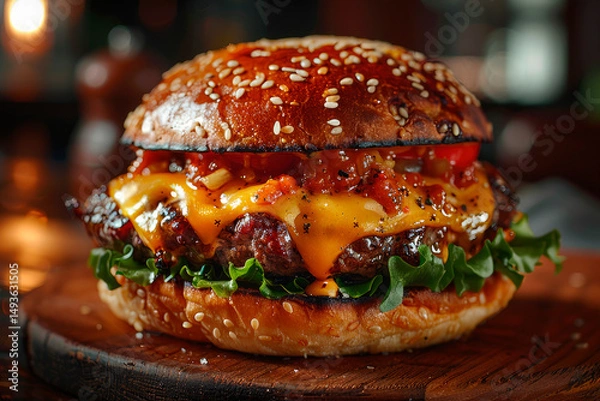 Fototapeta A juicy smash burger on a cutting board and crispy golden edges