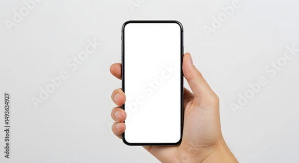 Fototapeta Hand Holding Smartphone with Blank White Screen on White Background