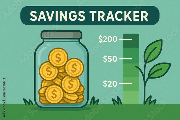 Fototapeta A colorful savings tracker design featuring a glass jar filled with coins and a green progress bar indicating savings goals