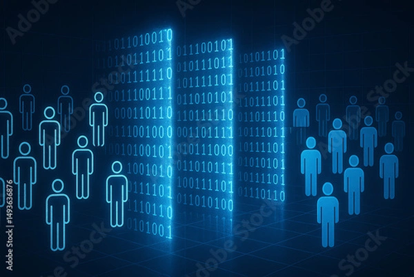 Obraz A futuristic representation of digital data flow with binary numbers and human silhouettes, illustrating the concept of data processing and connectivity in the digital age.
