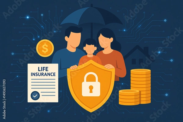 Fototapeta A family protected by life insurance, symbolizing security and peace of mind. A shield, money, and house are depicted, representing financial safety and family protection.