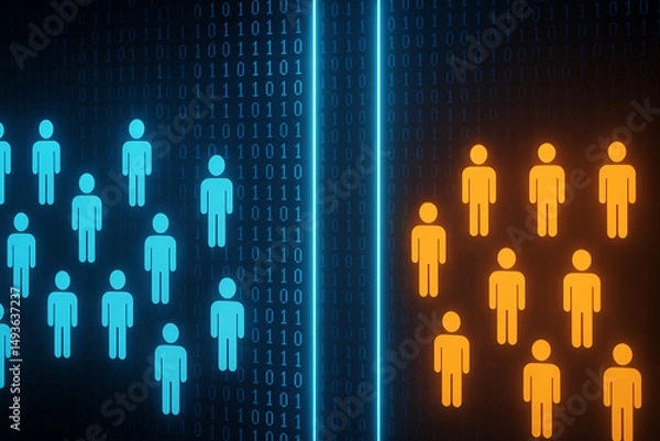 Fototapeta A vivid digital representation showcasing silhouettes of people in contrasting blue and orange hues