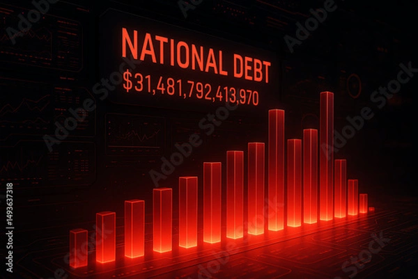 Fototapeta A striking visual representation of national debt displayed digitally in red tones