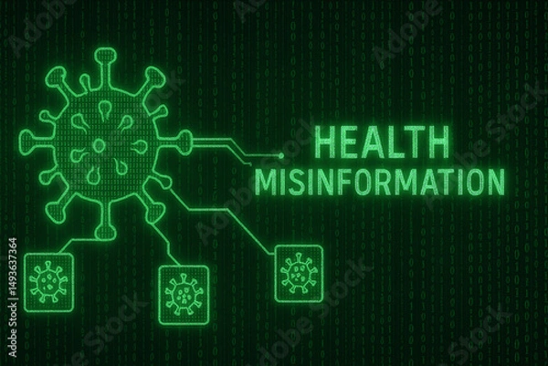 Fototapeta A digital illustration highlighting health misinformation, featuring a virus symbol interconnected with misleading information