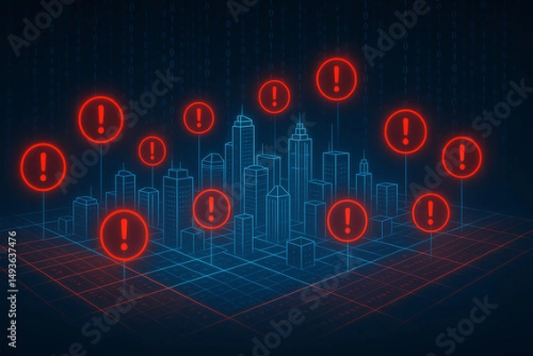 Fototapeta A futuristic cityscape with digital indicators highlighting issues. The vibrant red symbols signify alerts amidst a grid layout, representing technology's role in urban management.