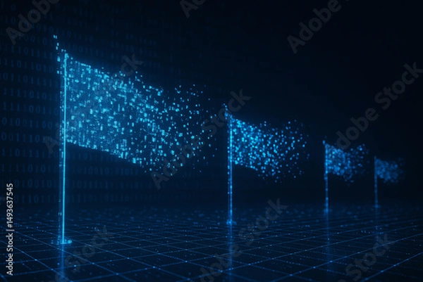 Obraz A futuristic visual depicting digital flags made of glowing particles against a dark background, representing concepts of data, innovation, and digital transformation.