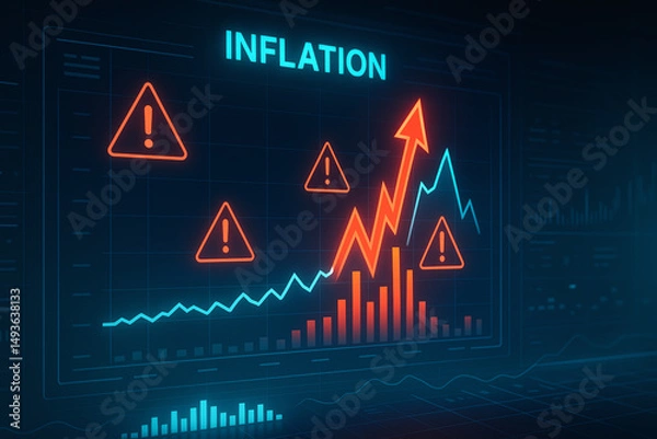 Fototapeta A digital representation of inflation trends, showcasing a rising graph with warning symbols. Ideal for discussions around economics, finance, and market analysis.
