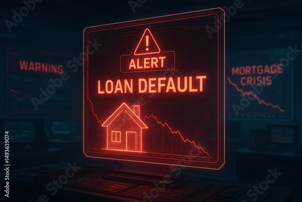Fototapeta A stark warning display highlighting a loan default alert, emphasizing the risks associated with mortgage crises. The image visually represents financial distress and caution.