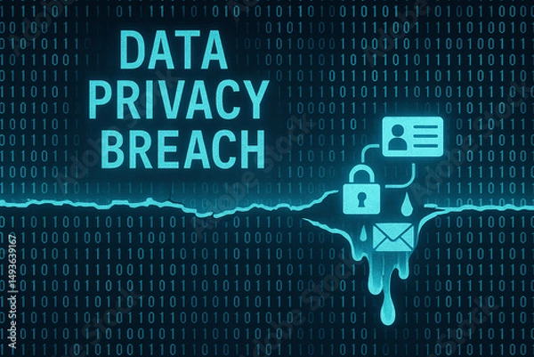 Fototapeta A visual representation of a data privacy breach featuring digital icons and binary code, emphasizing the importance of cybersecurity and data protection.