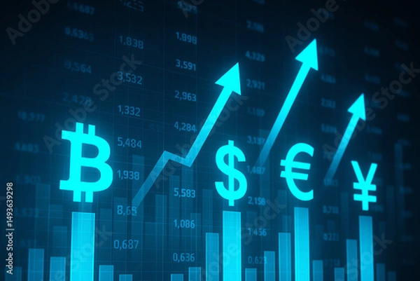 Fototapeta This image illustrates the rise of various currencies represented by distinct symbols